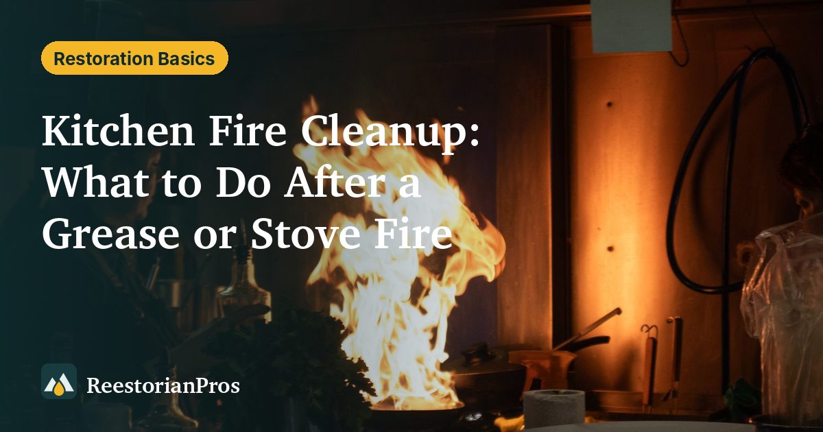 Flames rising from a pan on a stove in a dark kitchen