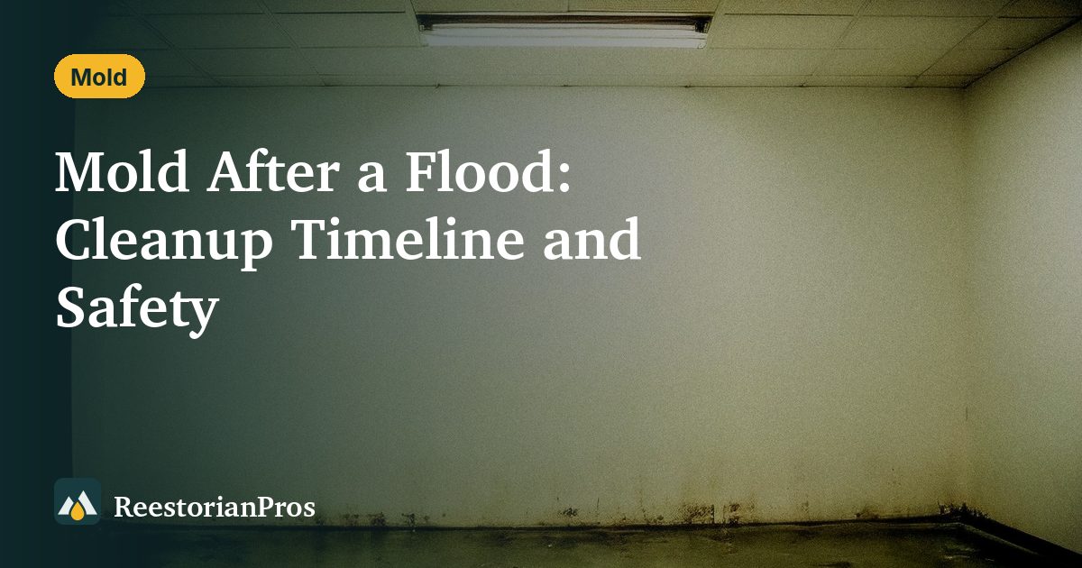 Empty room with dark water stains along the bottom of the walls under a fluorescent light