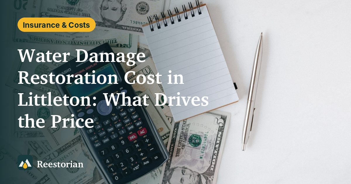 Calculator, notepad and cash on a table, illustrating water damage restoration cost