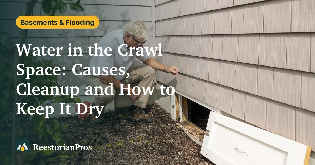 Home inspector kneeling at an open crawl space access door beside a house